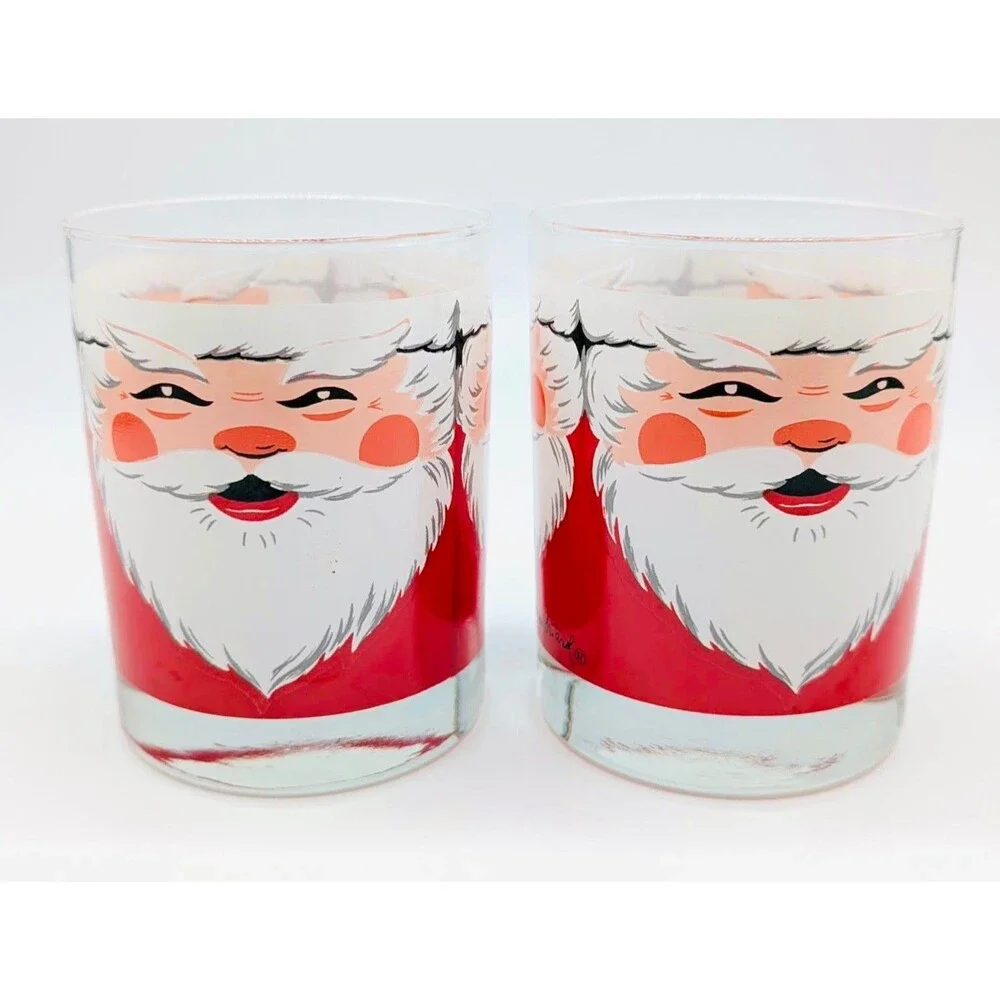 Vintage MCM Georges Briard Santa Claus Face Low Ball Glasses Set of 2 